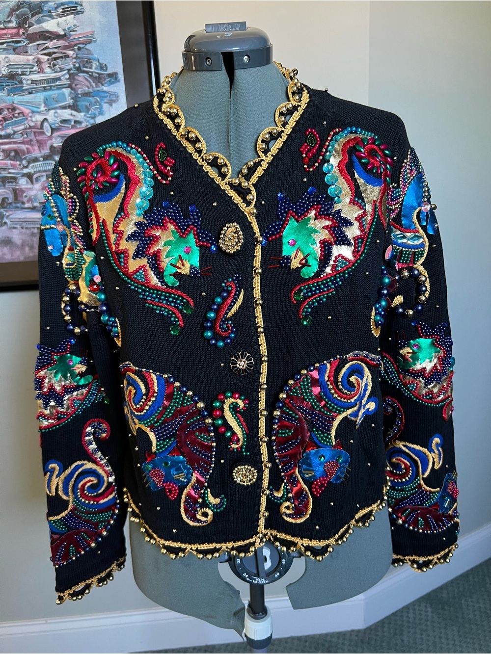 Price firm- RARE Michael Simon M Sweater Cardigan cat lion Circus Carousel Horse